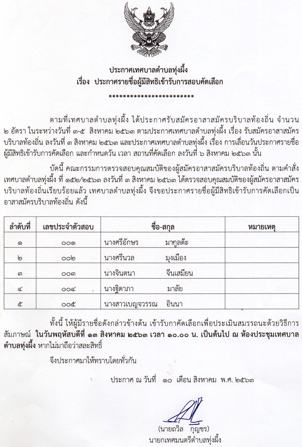 ประกาศรายชื่อผู้มีสิทธิ์เข้ารับการสอบคัดเลือก